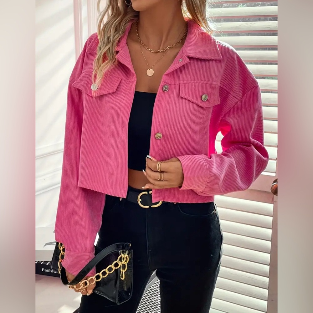 Long Sleeve Lapel Crop Corduroy Jacket - Soft, Casual, Button Front, Relaxed Fit
